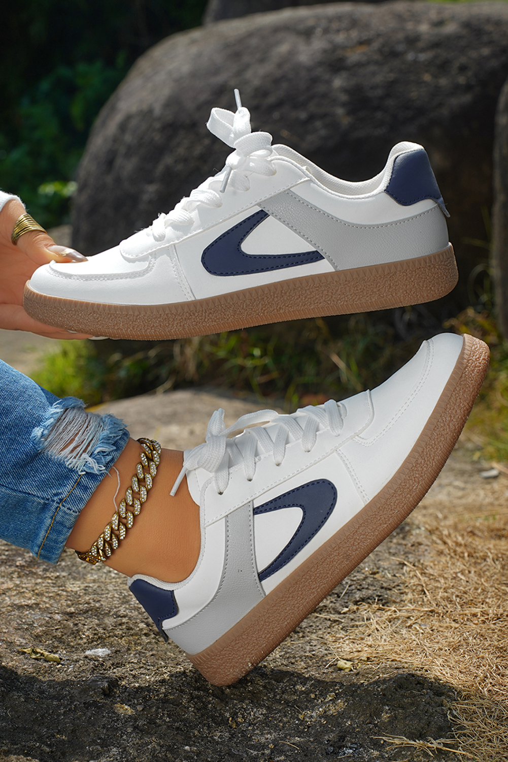 Navy Blue Color Contrast PU Leather Lace-up Sneakers - loveforevers