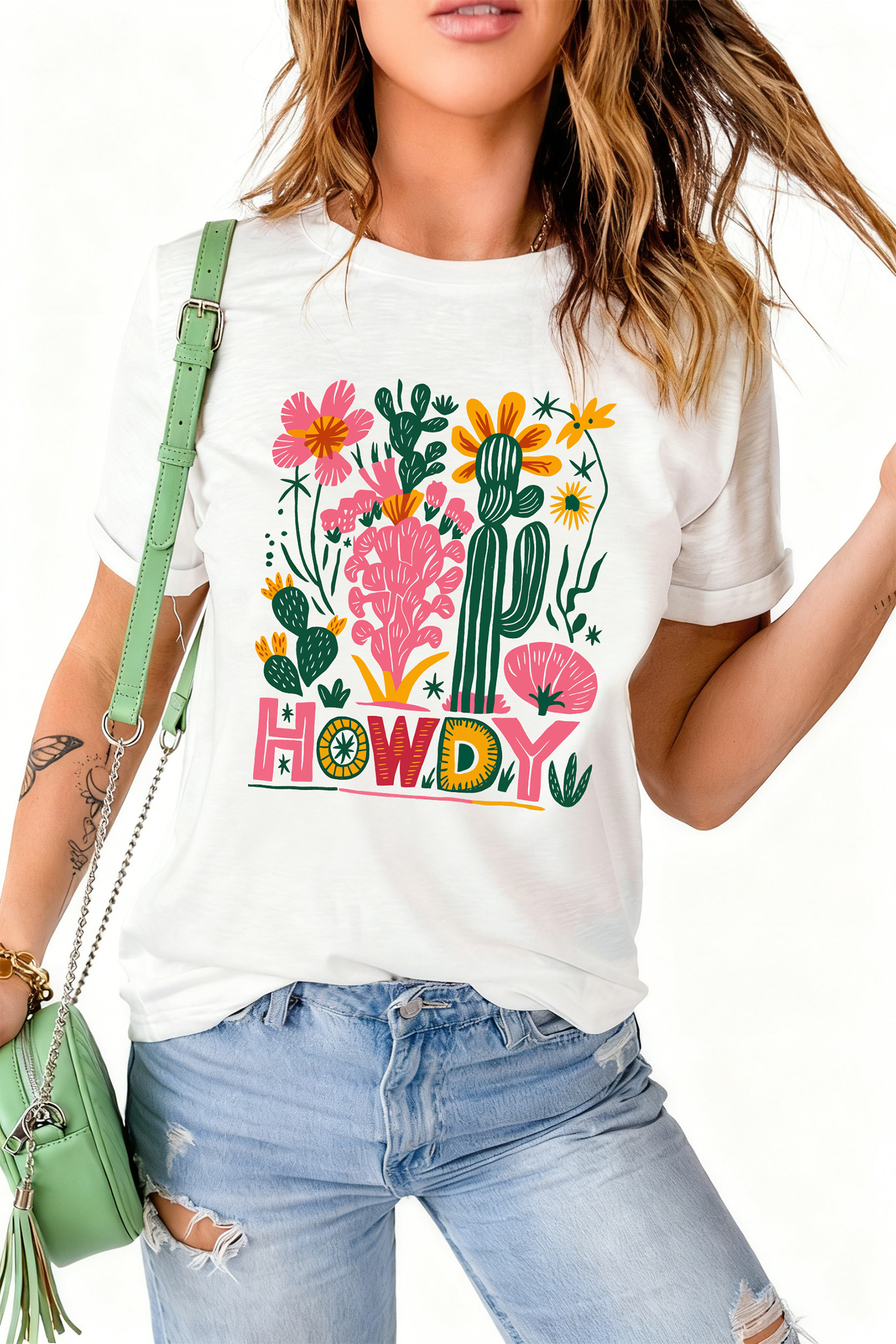 White HOWDY Cactus Flower Printed Cowgirl Fashion Tee - loveforevers