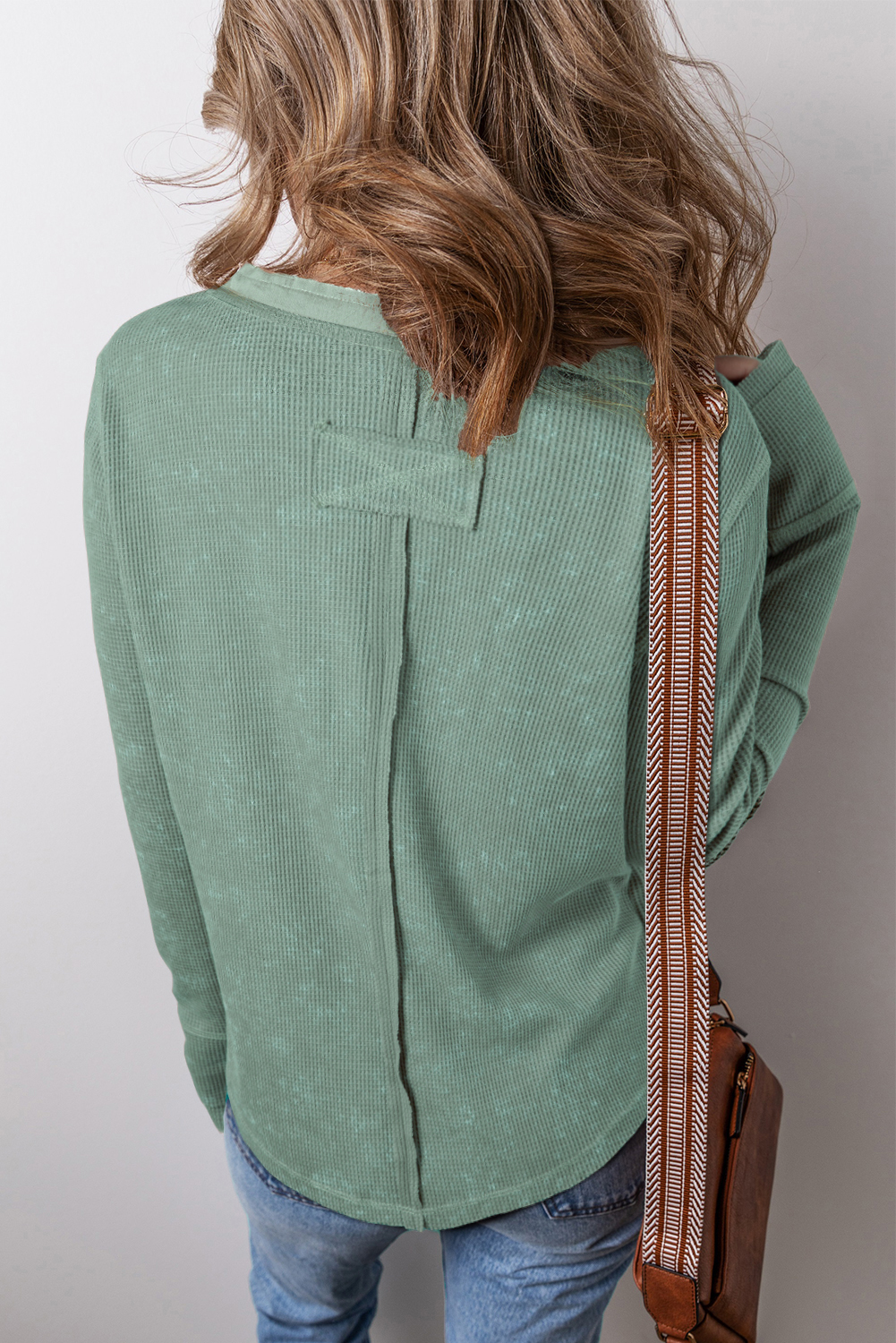 Smoke Green Acid Wash Waffle Knit Buttoned Neckline Long Sleeve Top - loveforevers