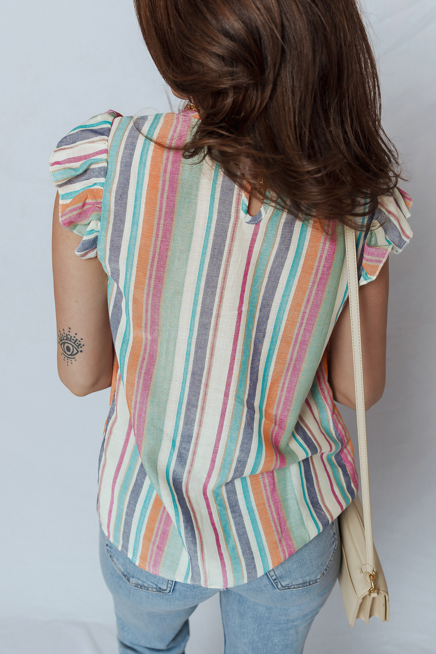 Light Blue Lace Hollow-out Insert Flutter Sleeve Striped Blouse - loveforevers