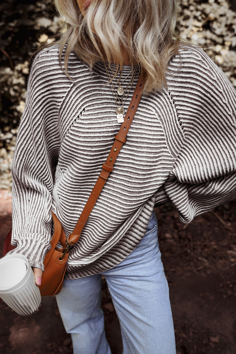 Coffee Striped Print Ribbed Knit Boat Neck Baggy Sweater - loveforevers