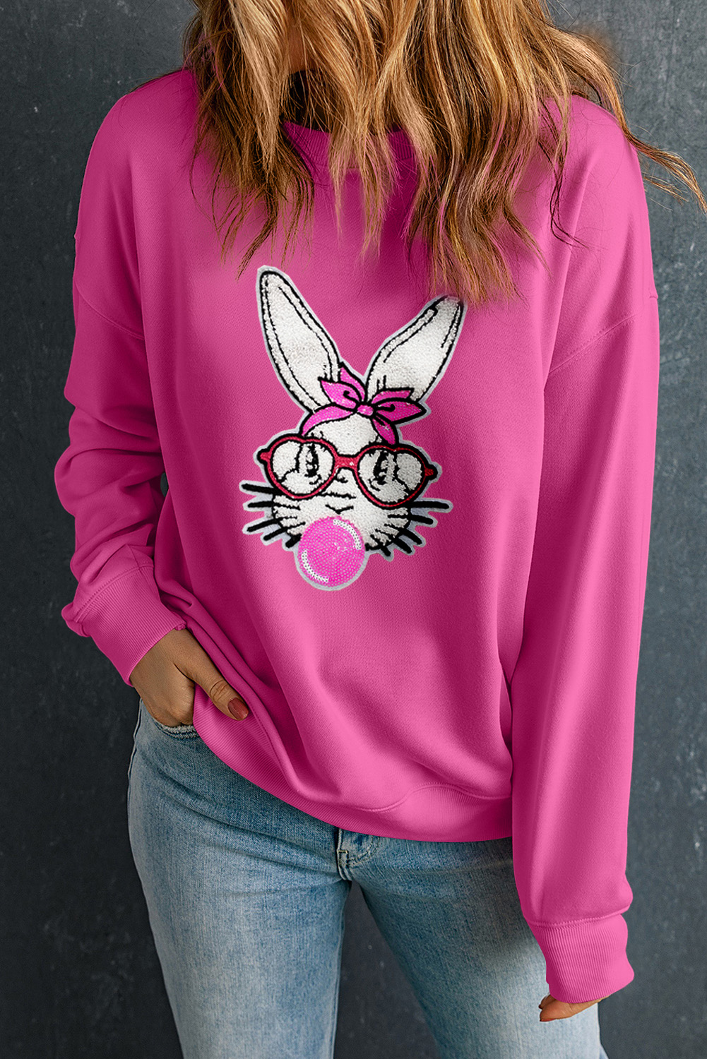 Bonbon Bubble Gum Rabbit Sequin Graphic Drop Shoulder Sweatshirt - loveforevers