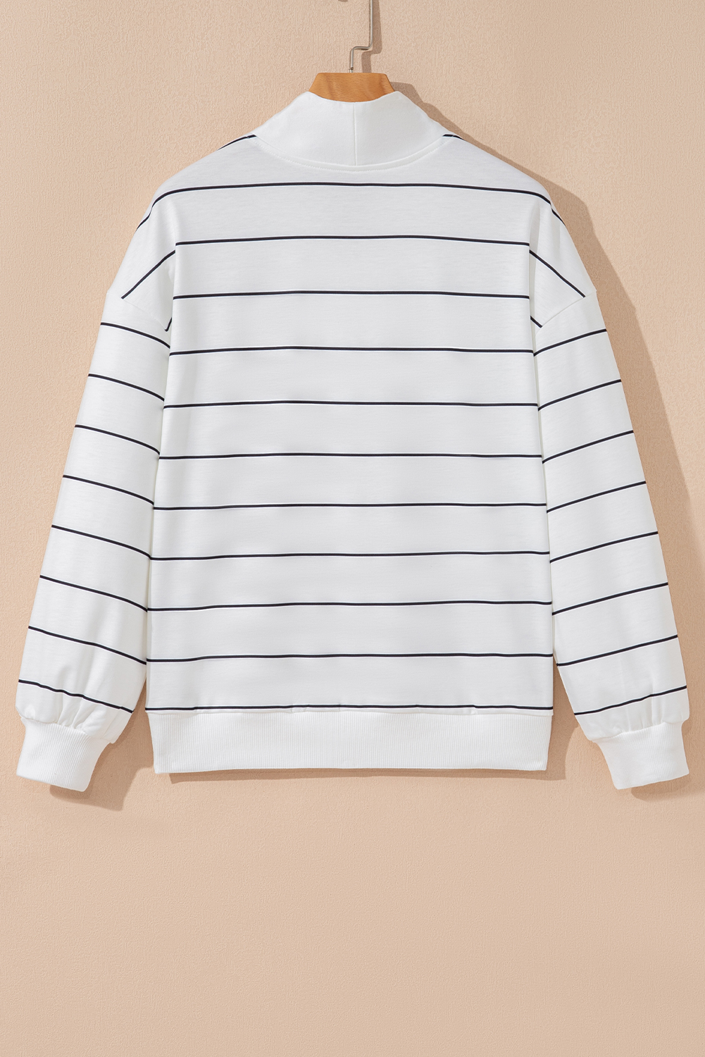 White Zip V Neck Casual Stripe Print Drop Shoulder Long Sleeve Top - loveforevers