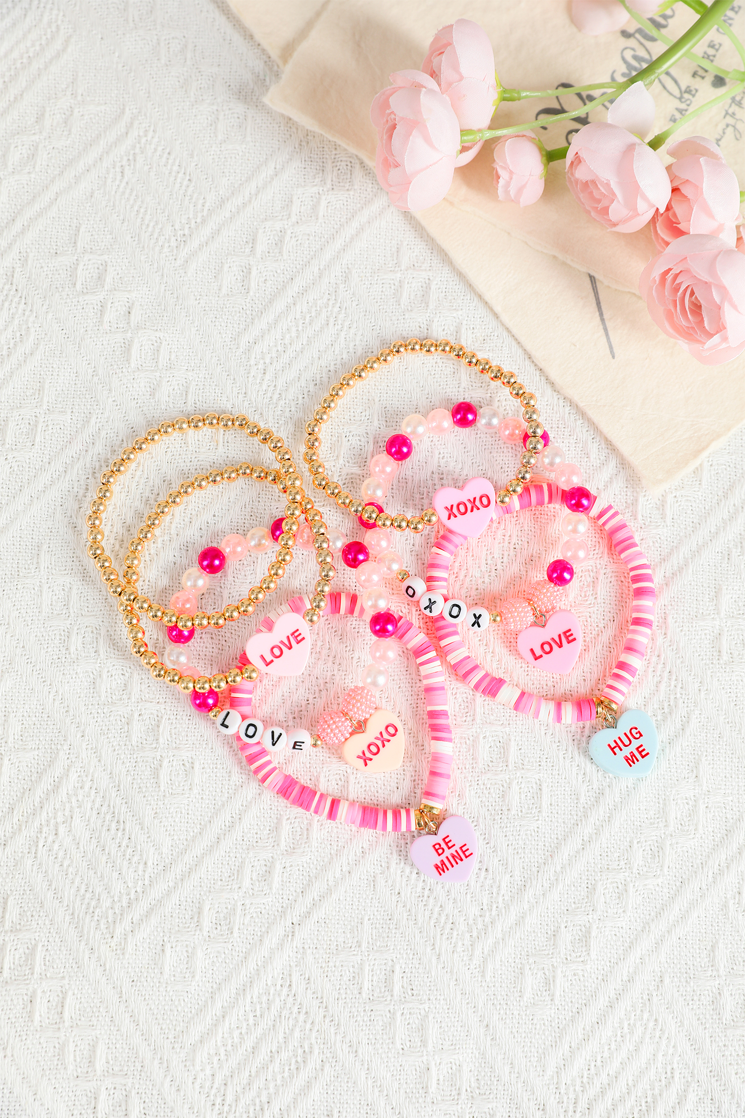 Bonbon Valentine Heart Pendant Beaded Elastic Bracelet Set - loveforevers