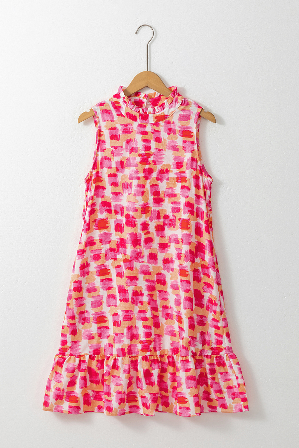 Pink Abstract Print Frilly Neck Sleeveless Mini Dress - loveforevers