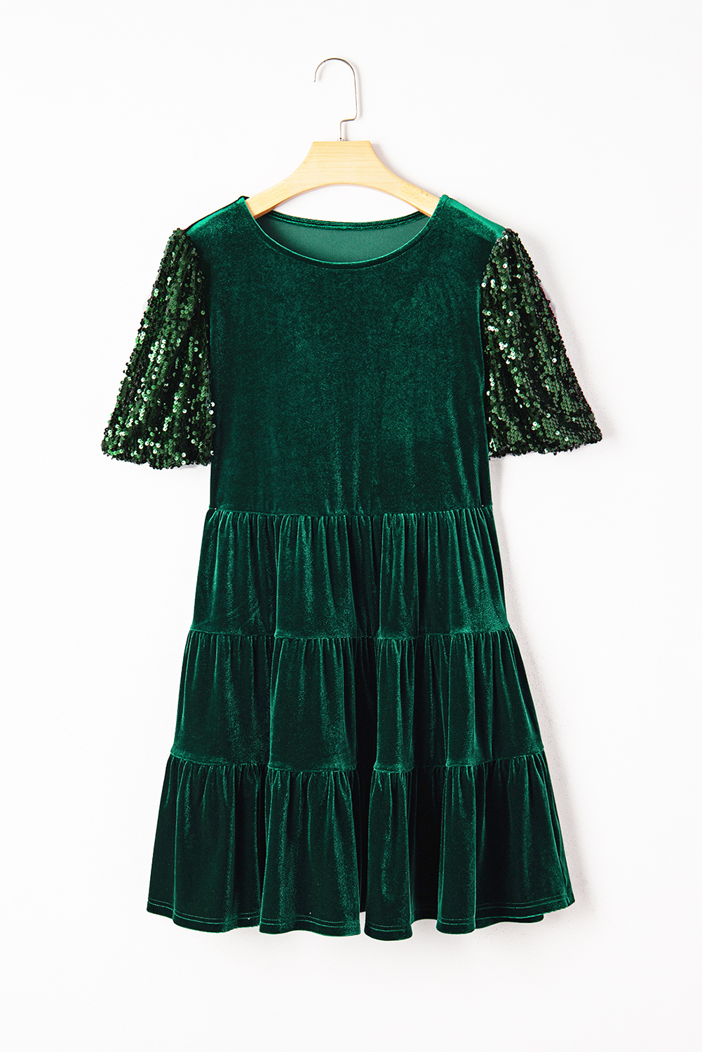 Evergreen Sequin Puff Sleeve High Waist Tiered Velvet Mini Dress - loveforevers