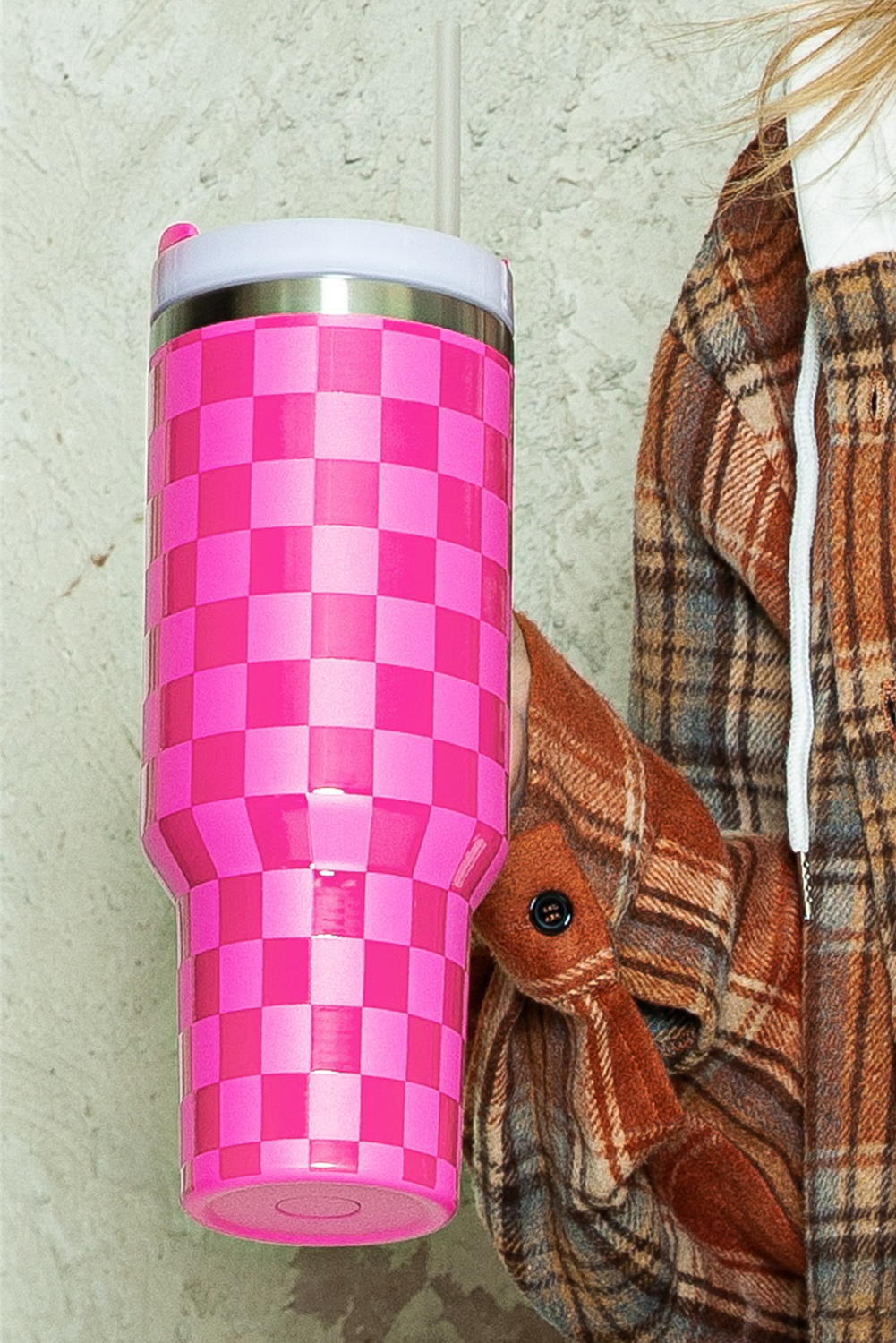 Bright Pink Checkered Print Handled Stainless Steel Tumbler Cup 40oz - loveforevers