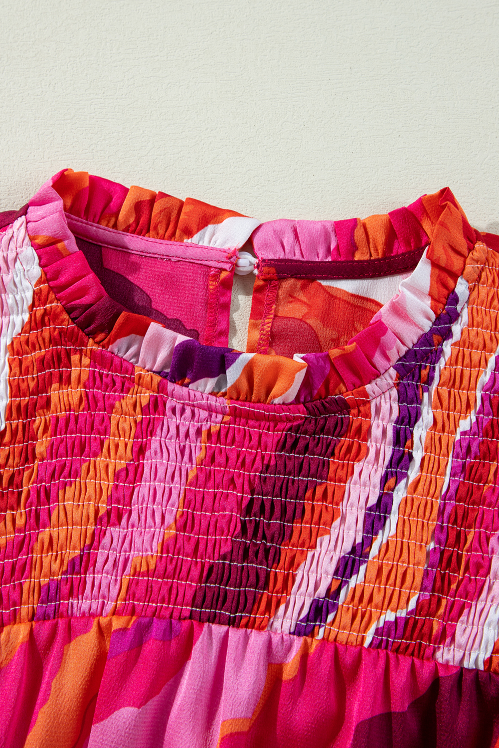 Rose Abstract Print Shirred Yoke Ruffled Blouse - loveforevers