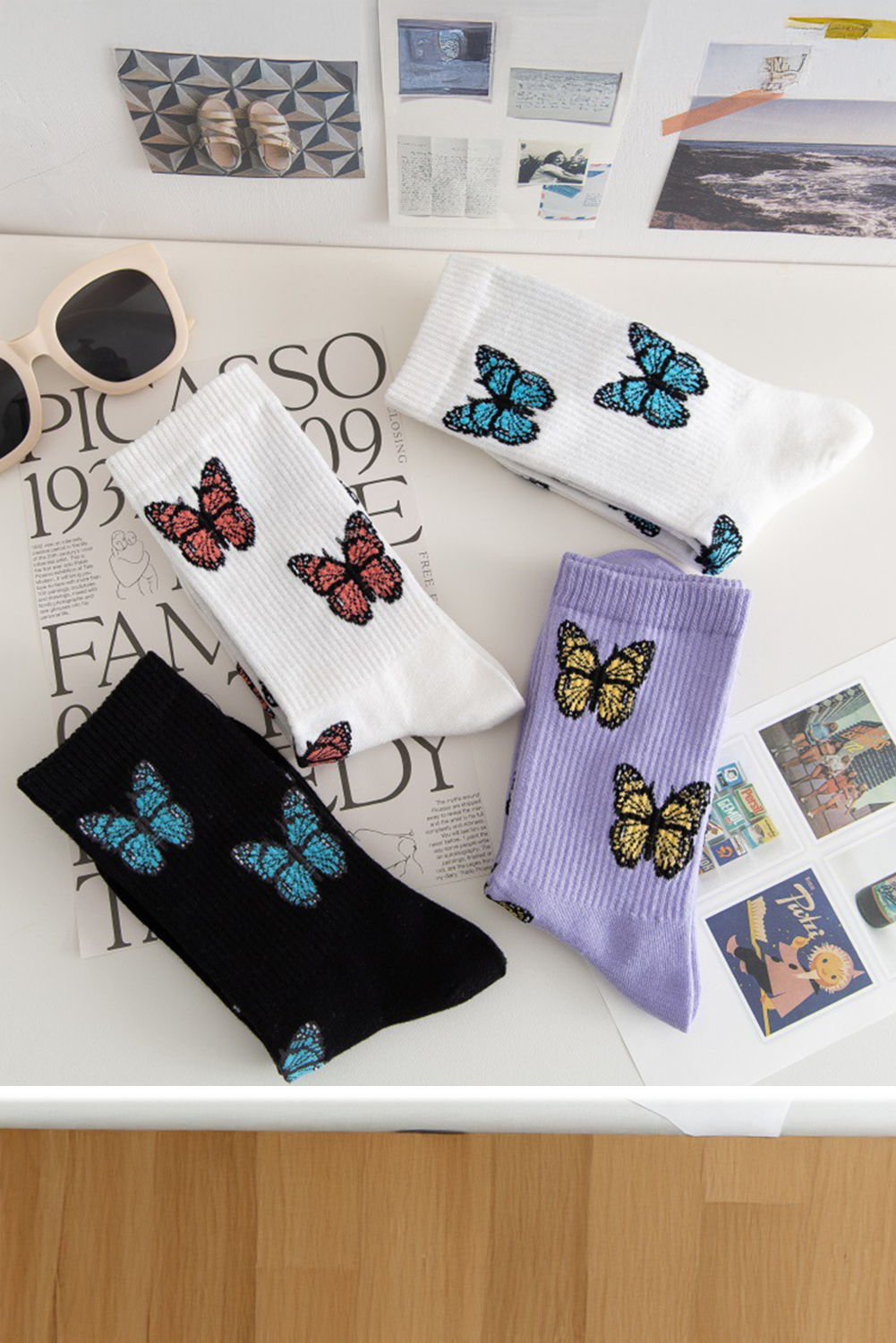 White Butterfly Pattern Ribbed Edge Soft Crew Socks - loveforevers