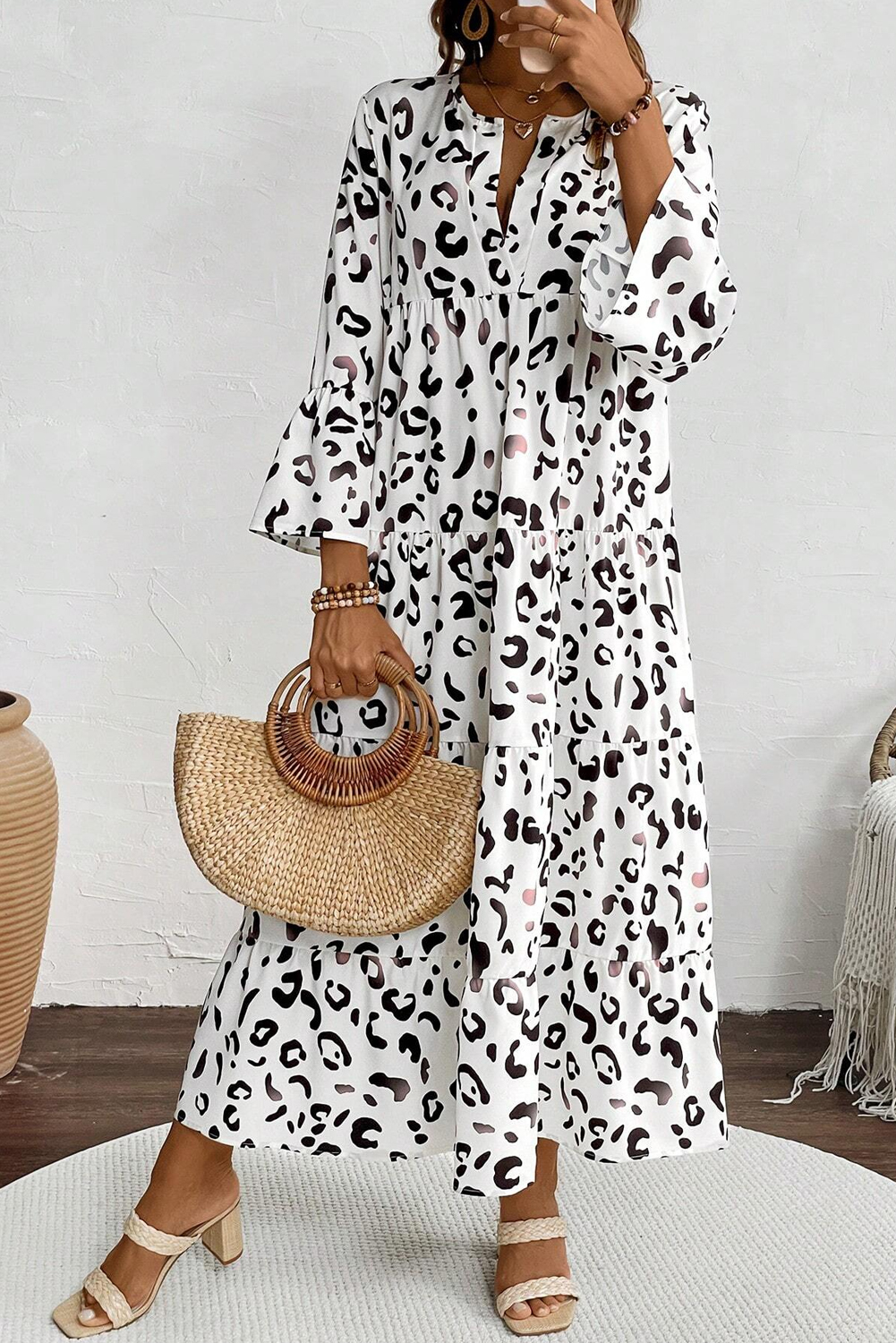 White Leopard Print Notch V Neck Loose Fit Maxi Dress - loveforevers