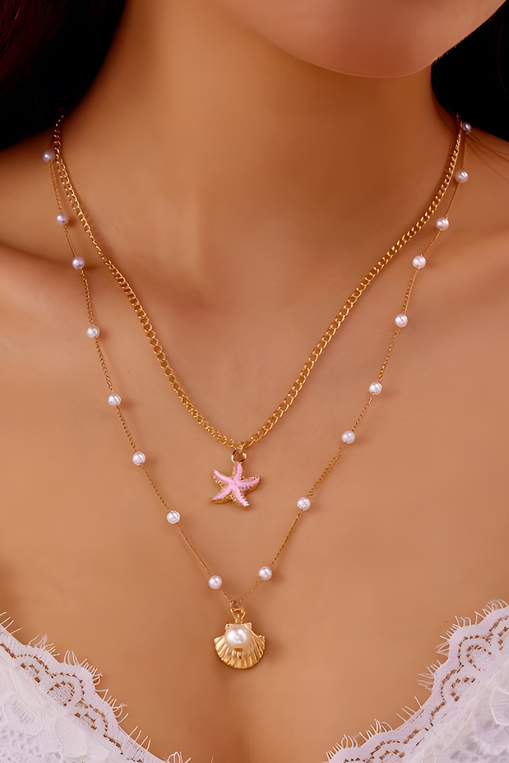 Gold Shell Starfish Pearl Plated Alloy Double Layer Necklace - loveforevers