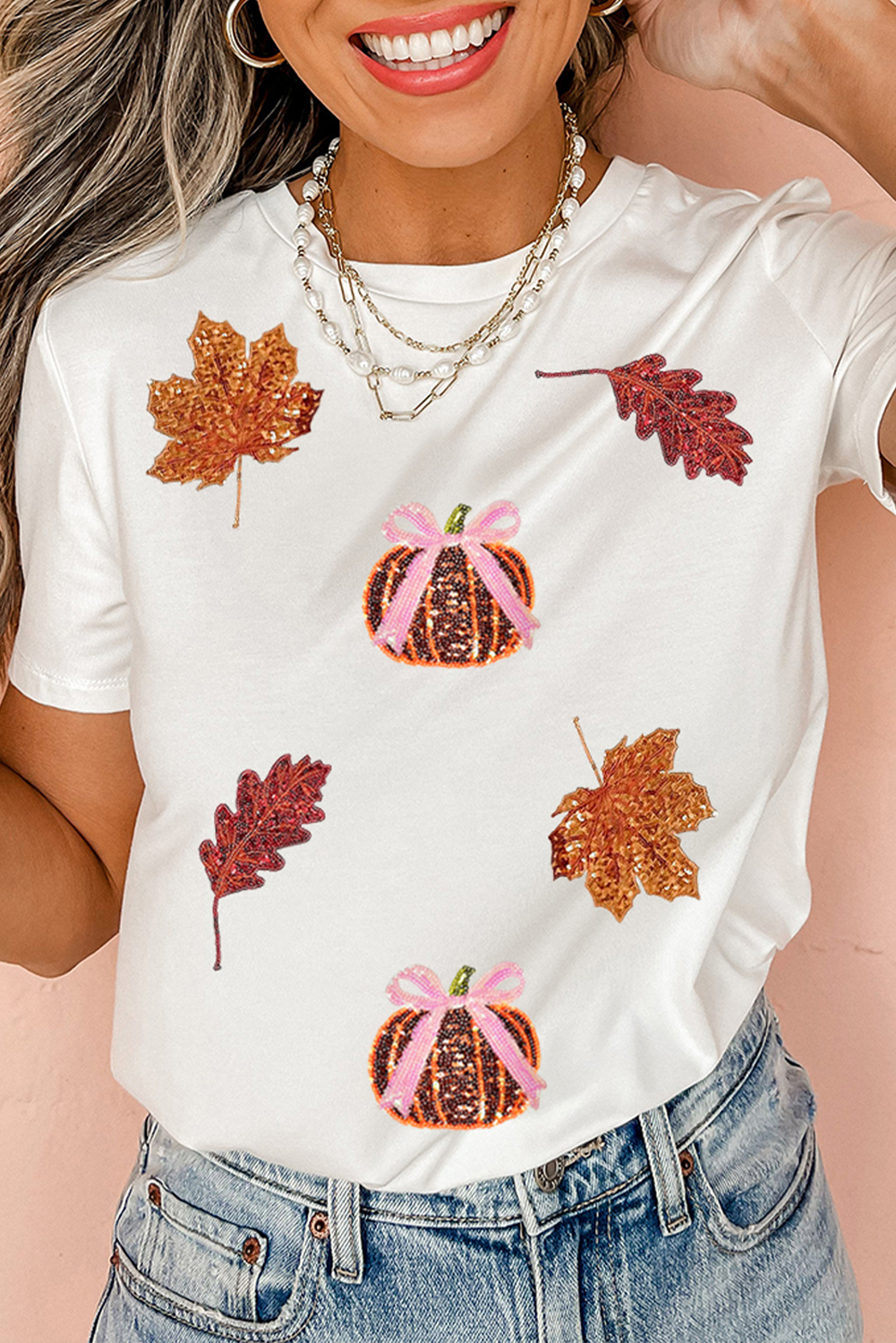 White Sequined Pumpkin Leaves Fall Vibe Graphic T Shirt - loveforevers