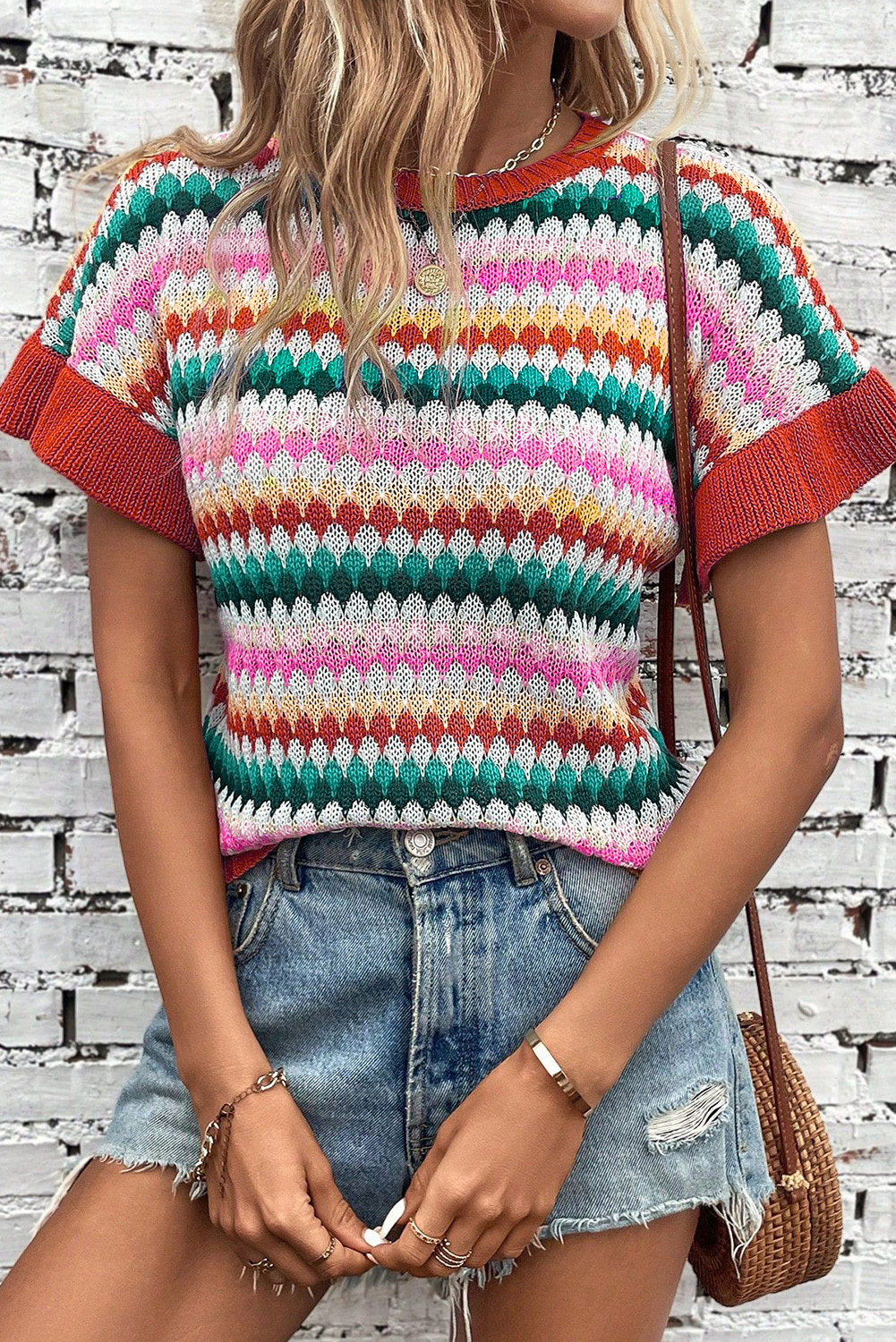 Fiery Red Trimmed Ruffle Sleeve Colorful Textured Sweater - loveforevers
