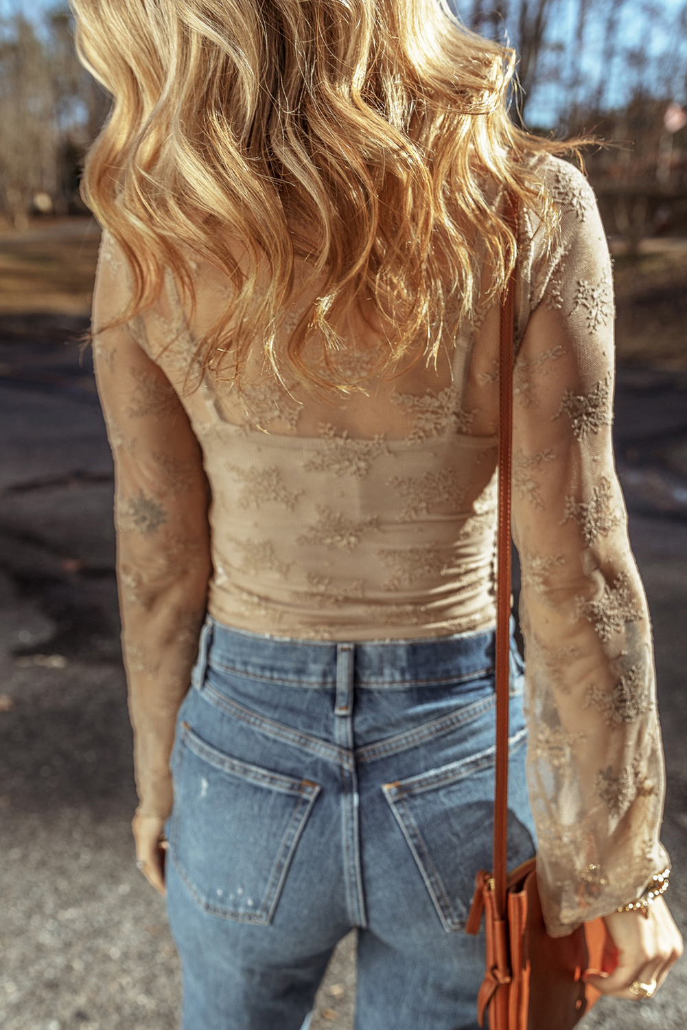 Apricot Lace Mesh Crochet Splicing Slim Fit Long Sleeve Blouse - loveforevers