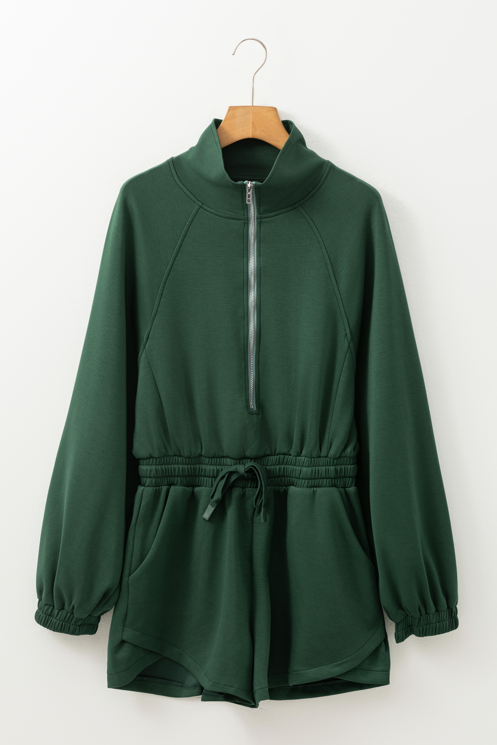 Blackish Green Collared Half Zip French Terry Knit Drawstring Casual Romper - loveforevers