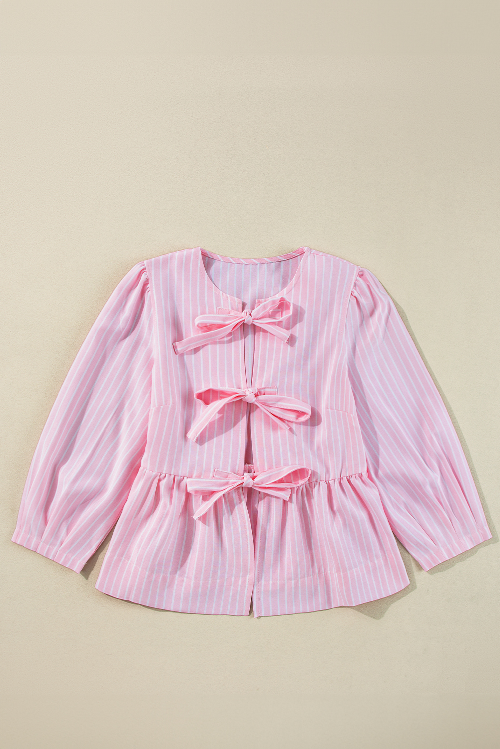 Pink Stripe Bowknot Front Crew Neck Puff Sleeve Blouse - loveforevers