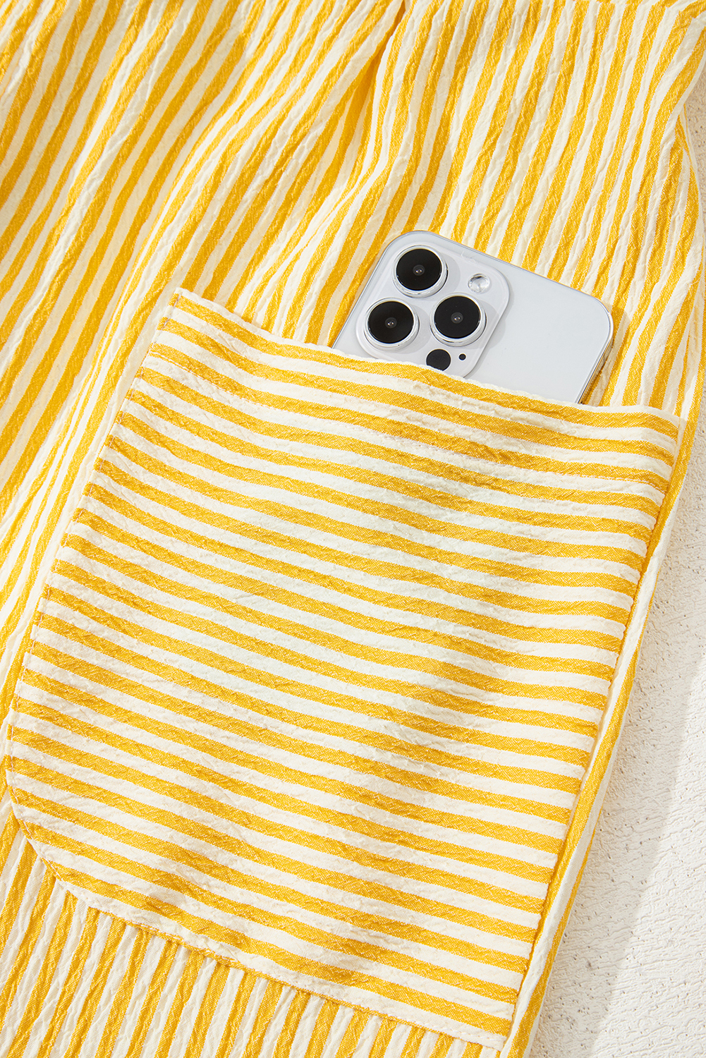 Yellow Stripe Shoulder Tie Smocked Back Wide Leg Casual Romper - loveforevers