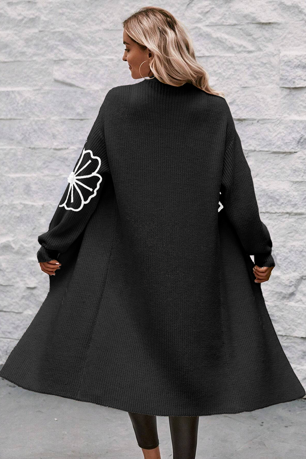 Black Flower Embroidered Drop Shoulder Open Front Duster Cardigan - loveforevers