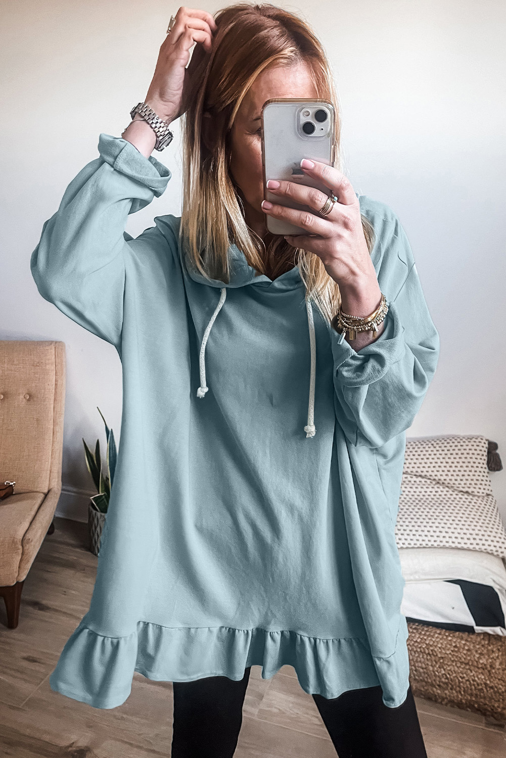 Iceland Blue Solid Ruffled Hem Loose Fit Tunic Hoodie - loveforevers