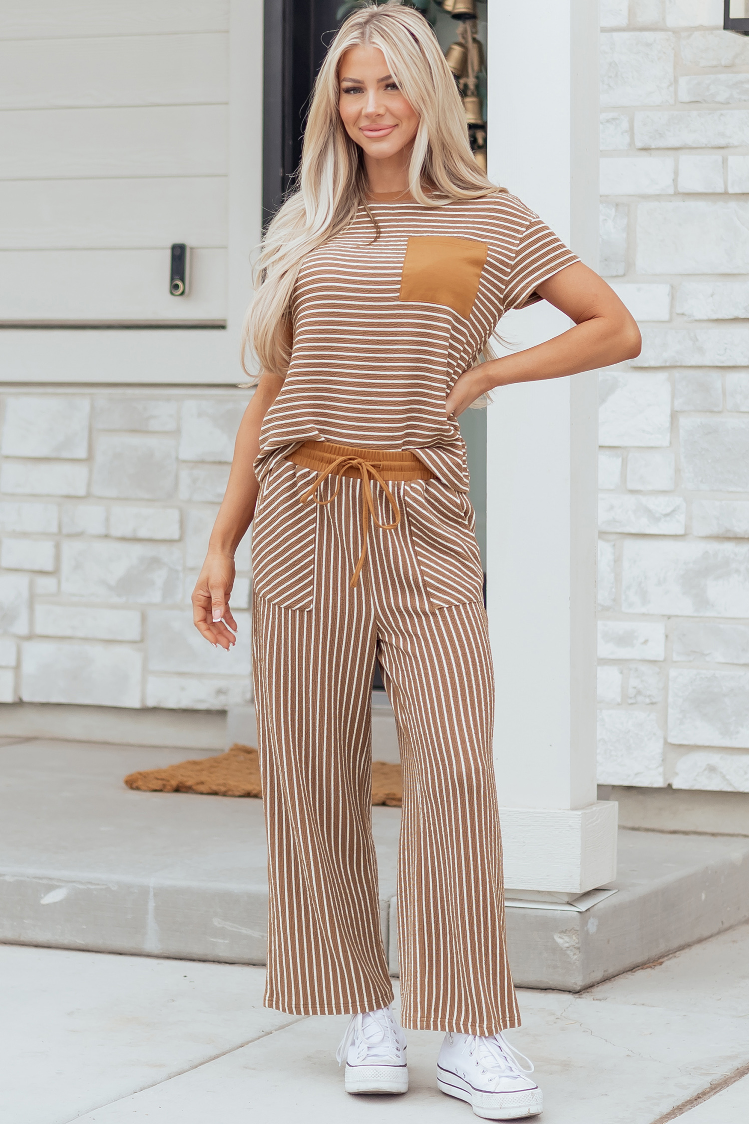 Khaki Stripe Crew Neck Tee Drawstring Waist Cropped Pants Set - loveforevers