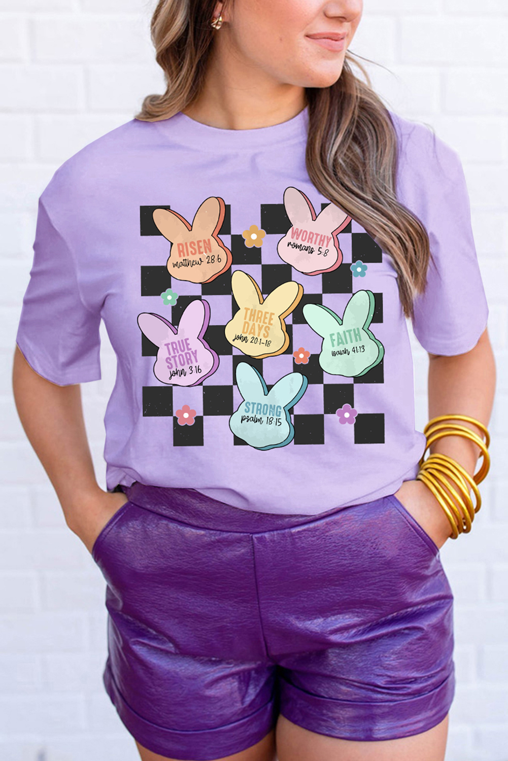 Wisteria Bunny Bible Verses Checkered Print Easter T Shirt - loveforevers