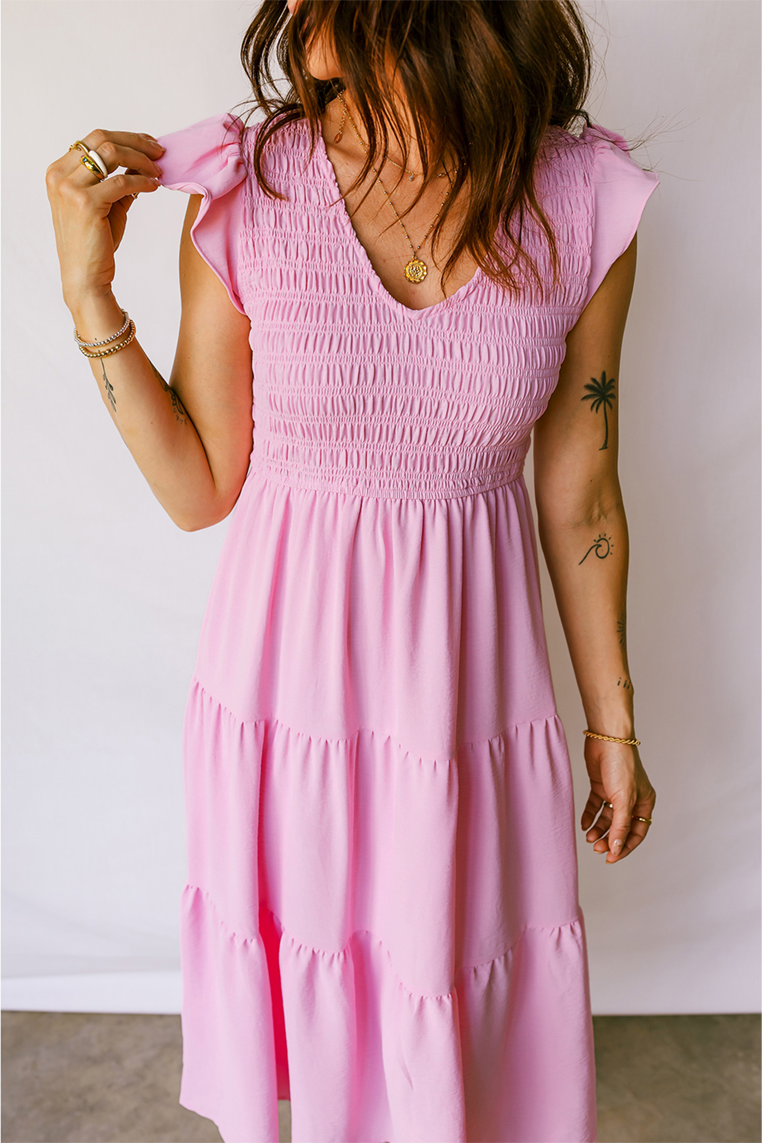 Pink Smocked Bodice Flutter Sleeve Fit Flare Tiered Midi Dress - loveforevers