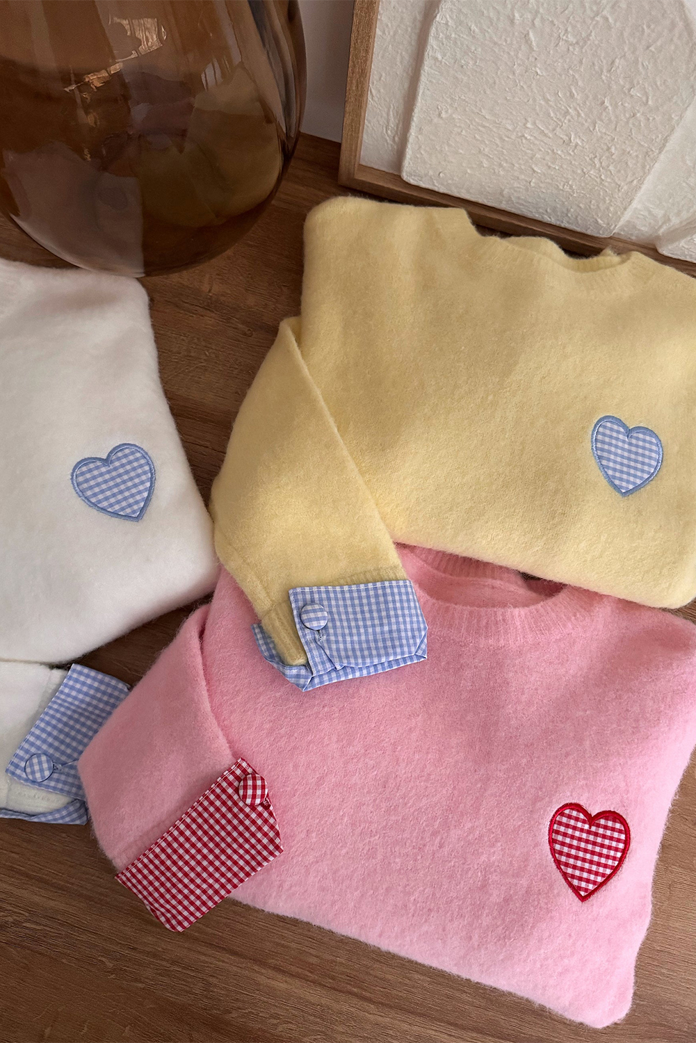 Light Pink Plaid Heart Embroidered Cuffed Drop Shoulder Crew Neck Sweater - loveforevers