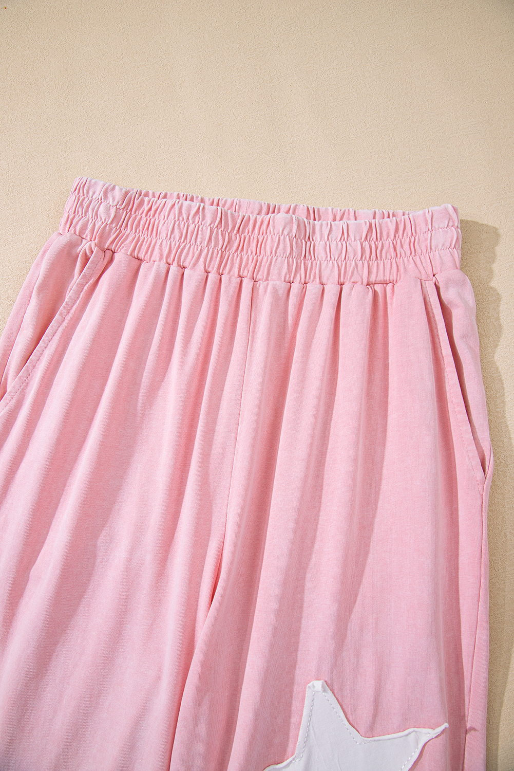 Light Pink Acid Wash Star Patched Rolled Trim Pants Set - loveforevers
