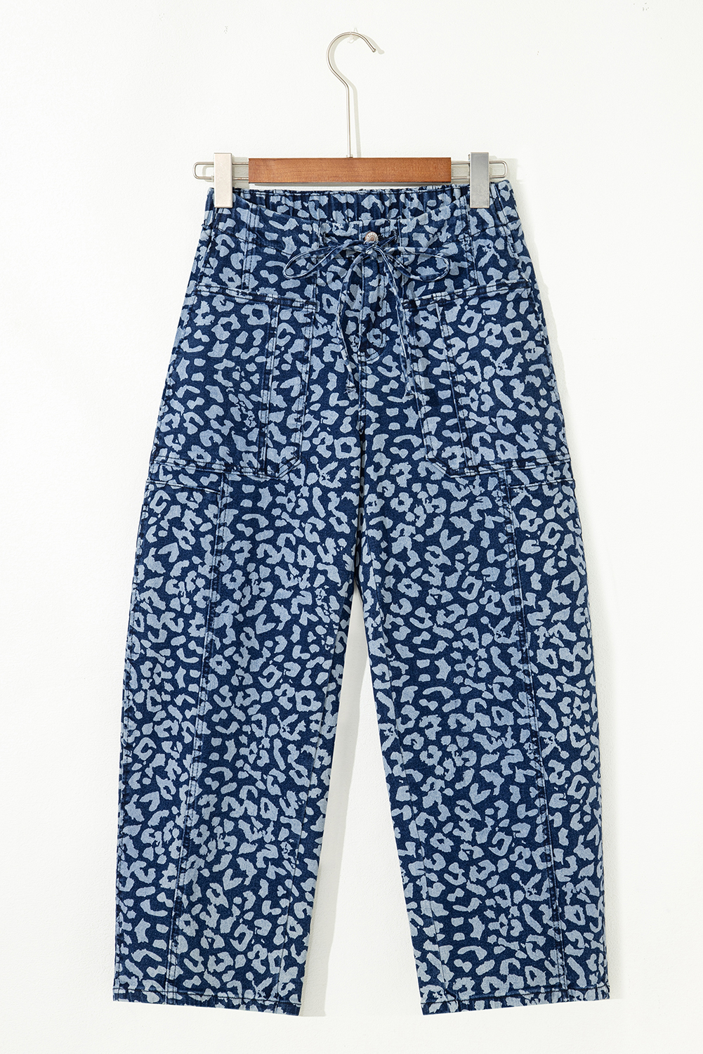 Khaki Leopard Printed Drawstring Elastic Waistband Pocketed Wide Leg Jeans - loveforevers