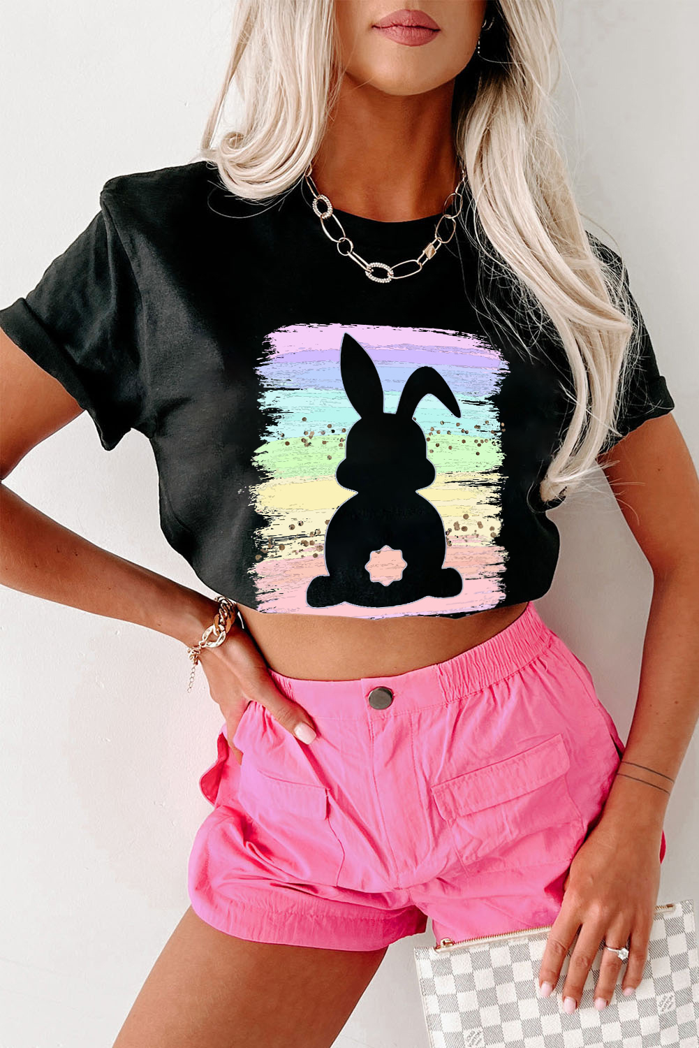 White Rabbit Bow Knot Print Crew Neck T Shirt - loveforevers