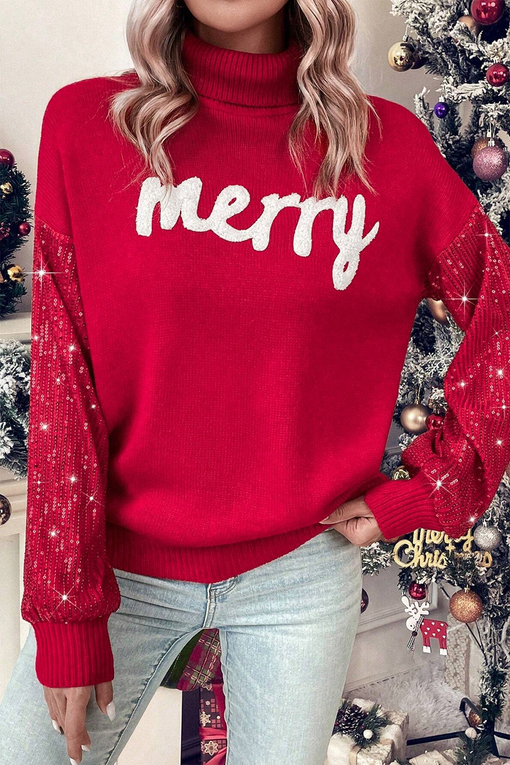 Fiery Red Merry Letter Embroidered High Neck Sweater - loveforevers
