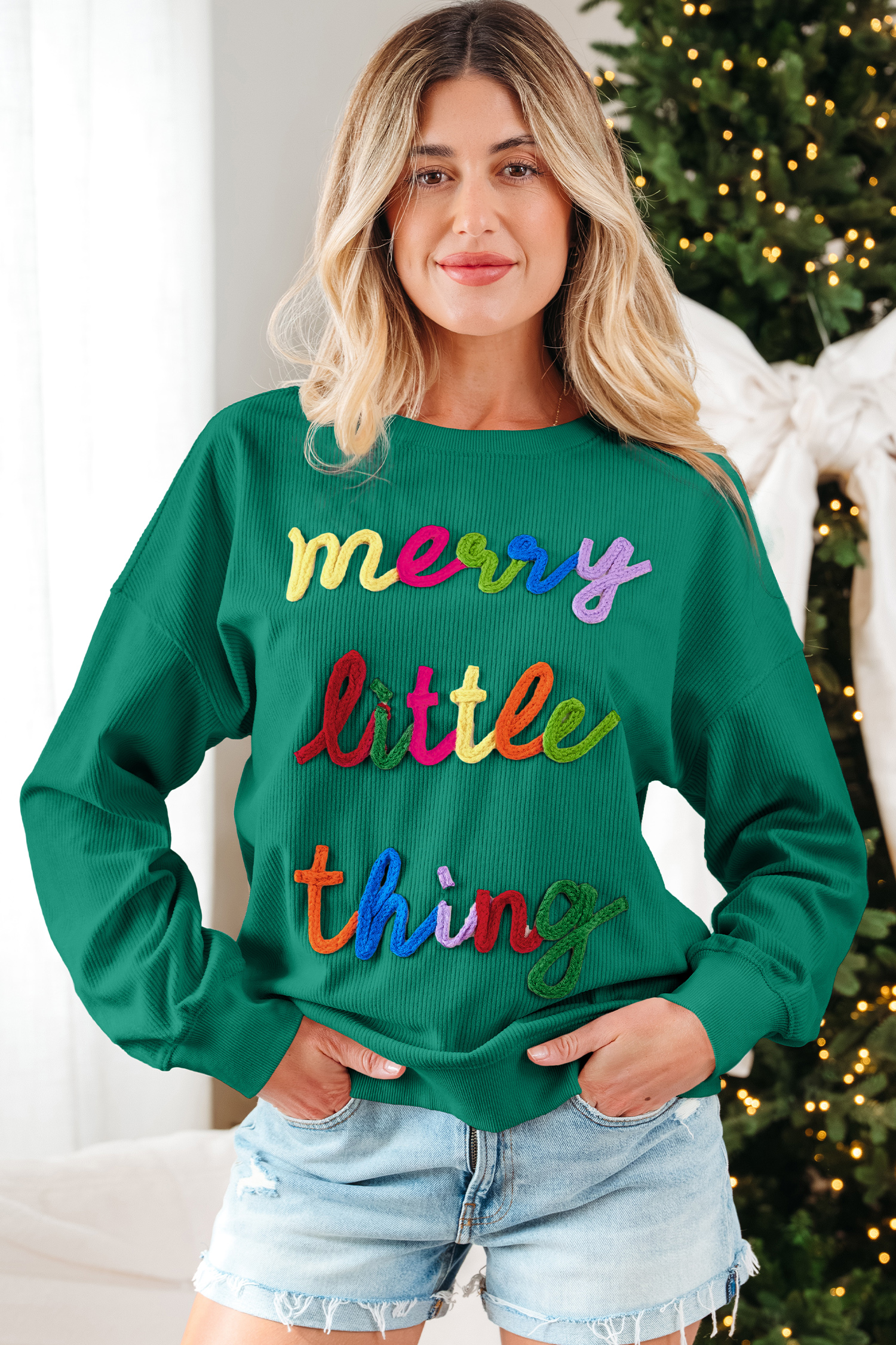 Dark Green merry little thing Corded Letter Graphic Ribbed Loose Sweatshirt - loveforevers