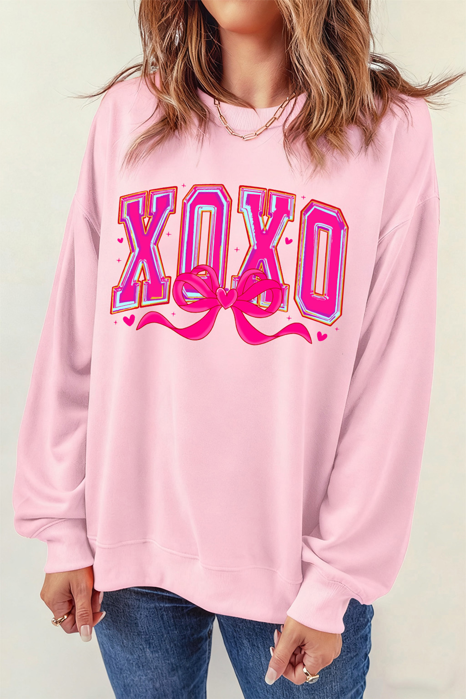 Pink XOXO Valentines Day Heart Ribbon Bow Printed Pullover Sweatshirt - loveforevers