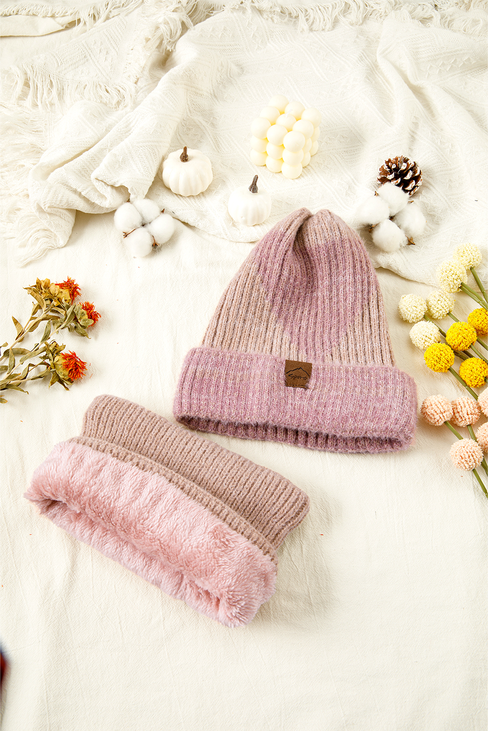 Peach Blossom Cozy Sherpa Liner Stylish Knitted Beanie and Scarf Set - loveforevers