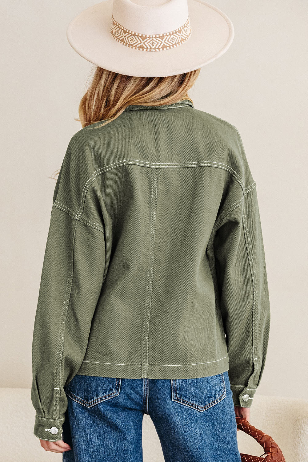 Smoke Green Patched Pocket Collared Button Front Boyfriend Denim Jacket - loveforevers