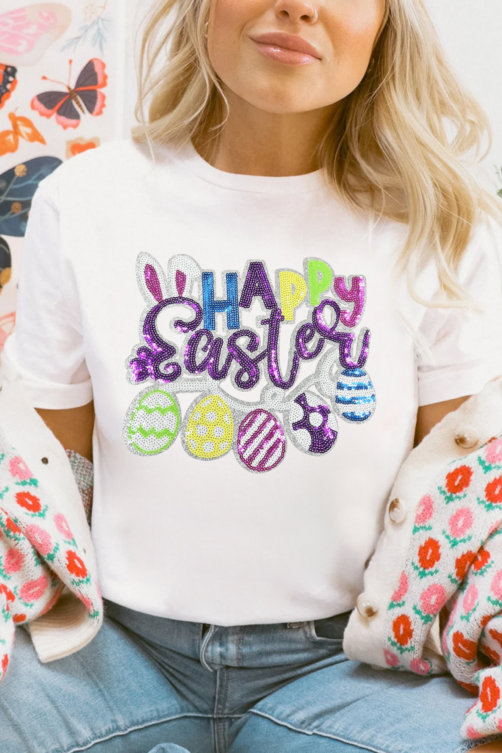 White Happy Easter Sequin Patched Casual Tee - loveforevers