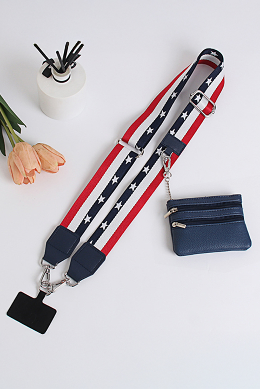 Dark Blue Star and Stripe Print Phone Strap with Pouch - loveforevers