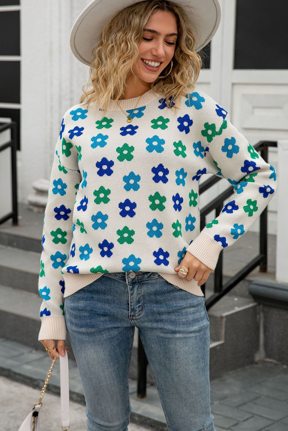 Apricot Cute Flower Allover Ribbed Trimmed Drop Shoulder Pullover Sweater - loveforevers