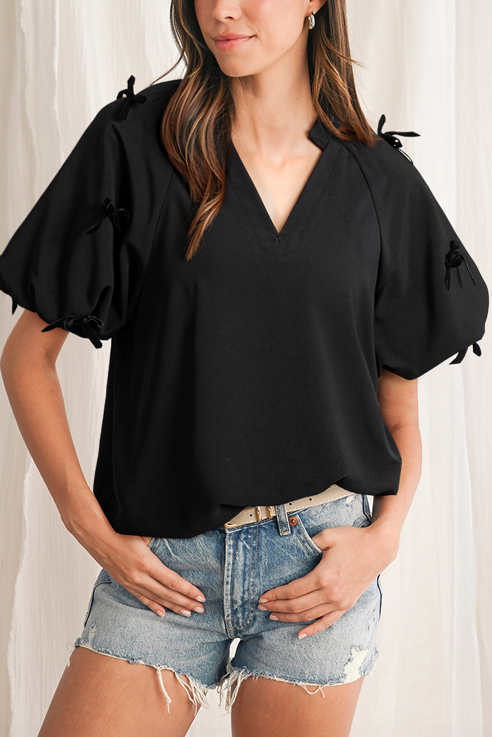 Black Bow Decor Puff Sleeve Split Neck Blouse - loveforevers