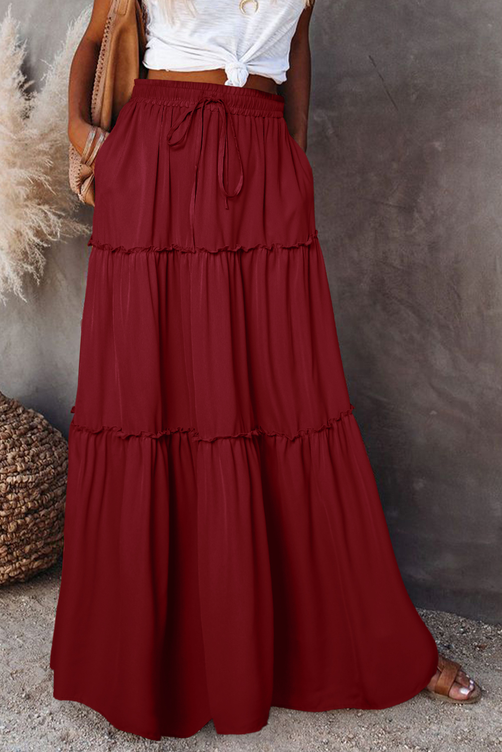 Fiery Red Black Frill Tiered Drawstring Waist Maxi Skirt - loveforevers