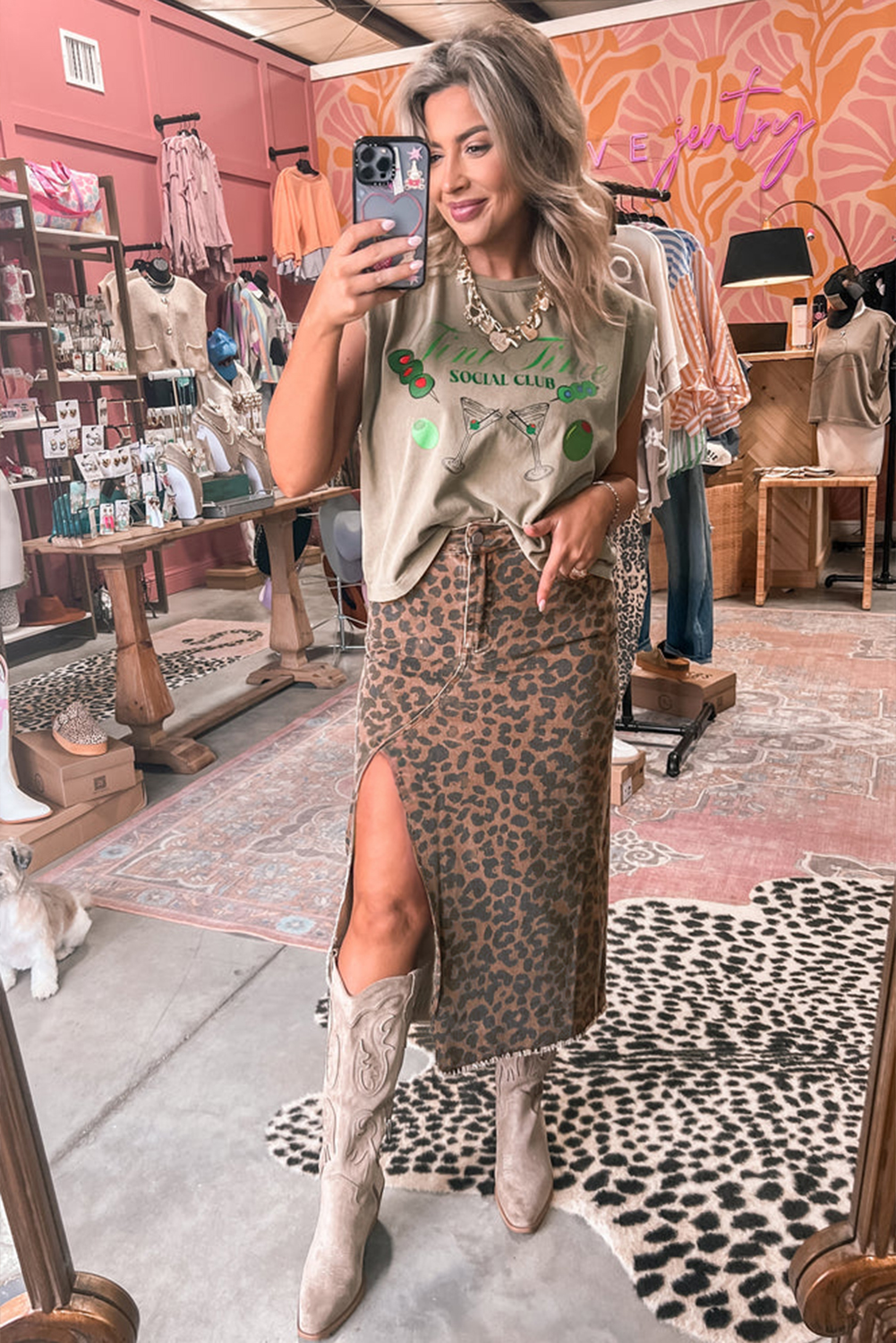 Brown Leopard Denim Frayed Split Denim Midi Skirt - loveforevers