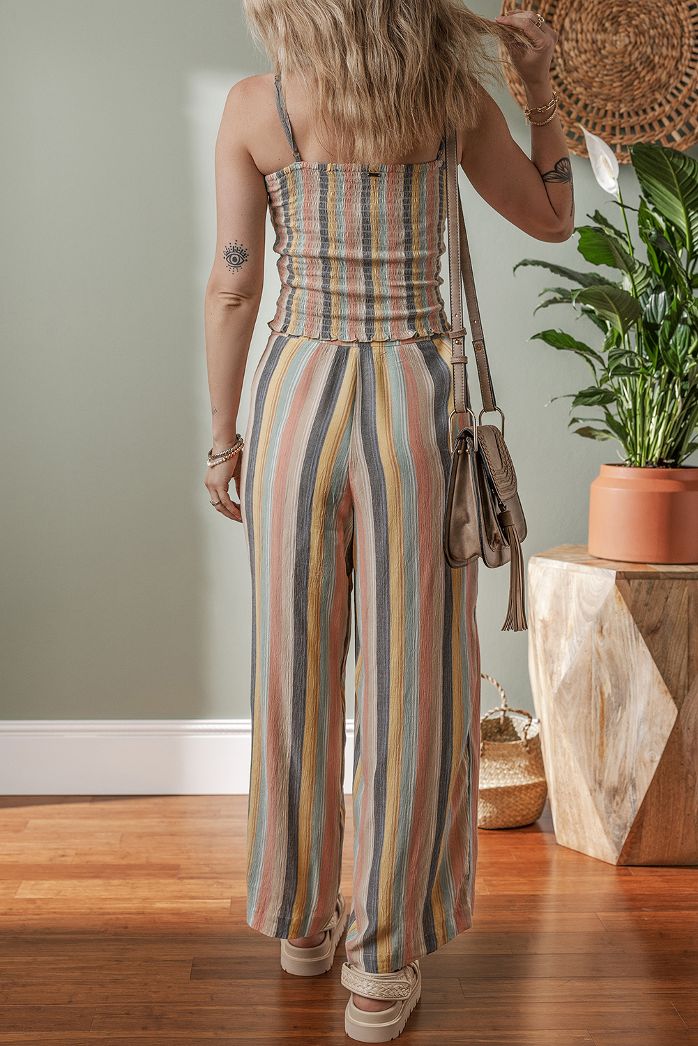 Multicolour Vertical Striped Smocked Cami Top Wide Leg Pants Set - loveforevers