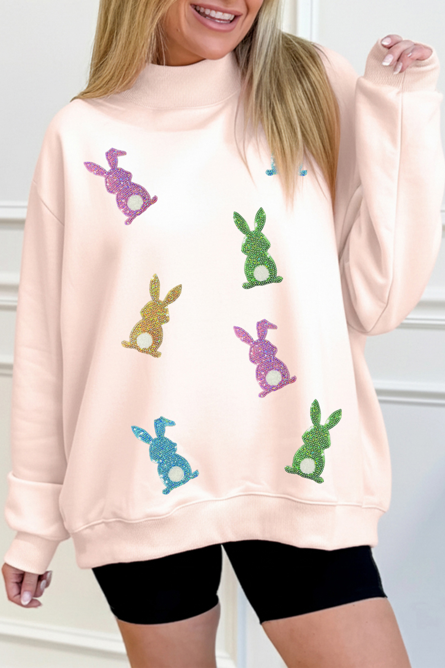 Apricot Pink Glittery Bunny Patched Mock Neck Sweatshirt - loveforevers