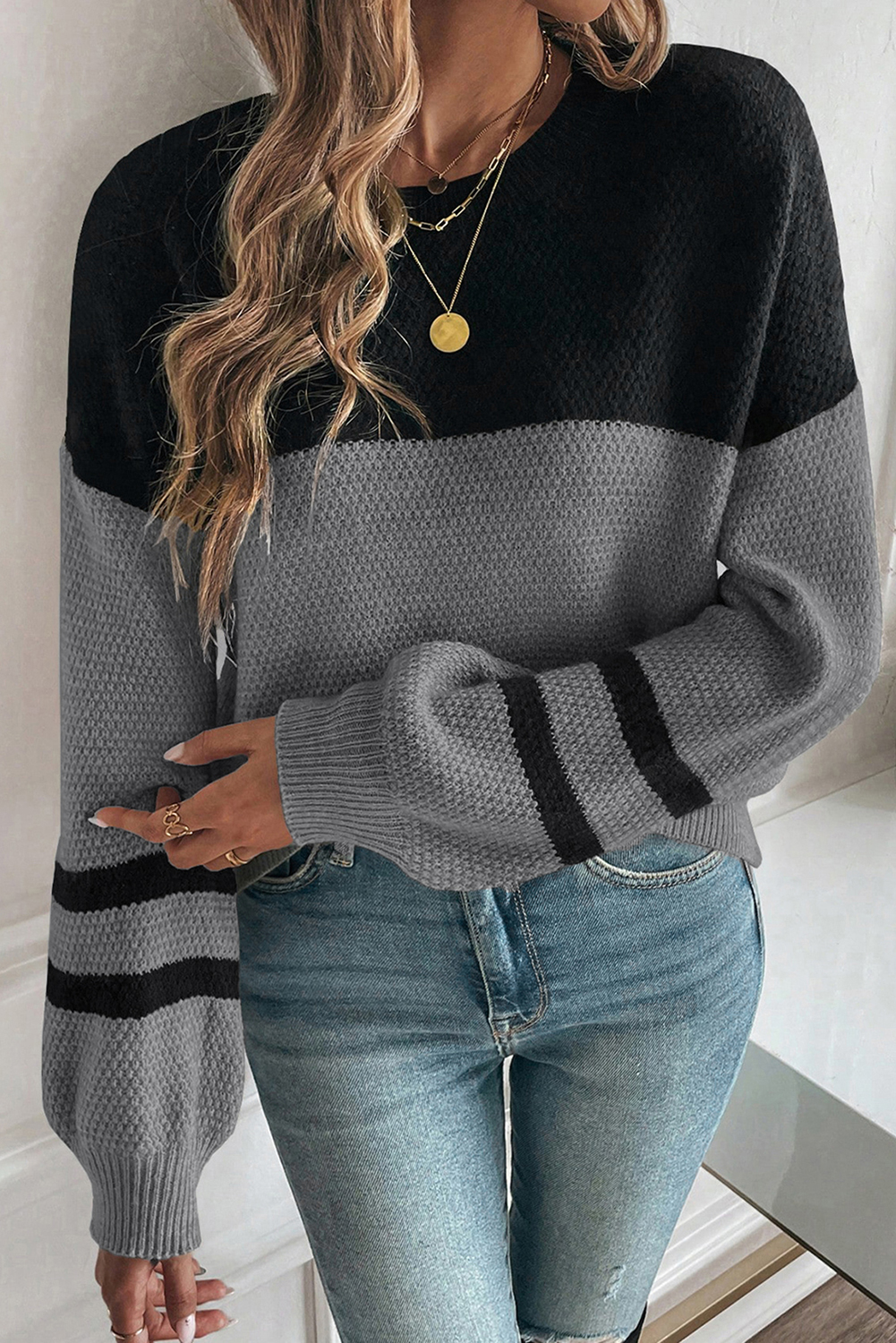 Medium Grey Color Block Knit Striped Sleeve Detail Casual Sweater - loveforevers