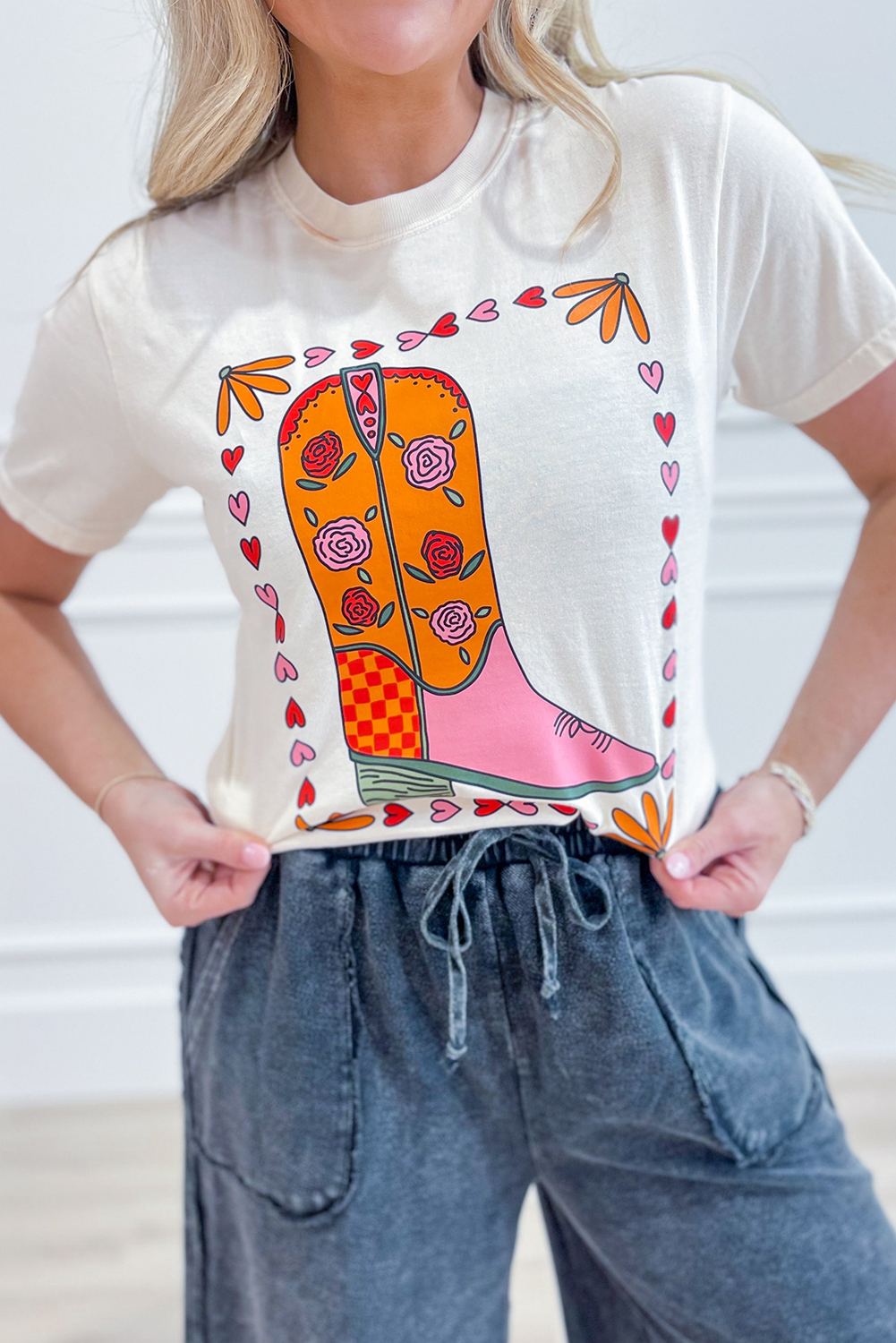 White Floral Cowgirl Boots Printed Casual T Shirt - loveforevers