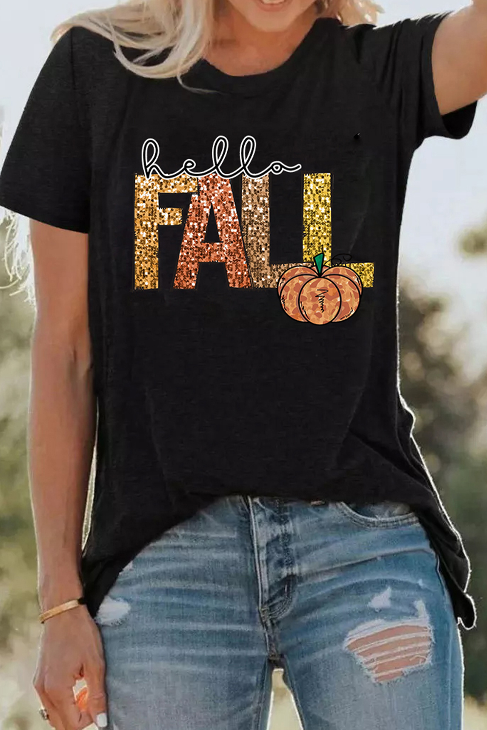 Black Hello Fall Letter Pumpkin Printed Thanksgiving T Shirt - loveforevers