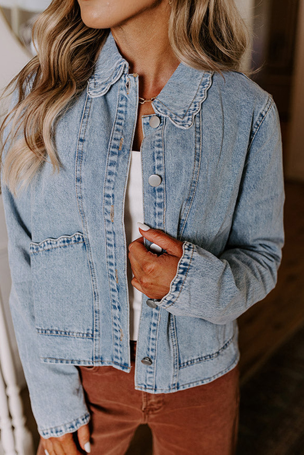 Myosotis Scallop Trim Collar Patched Pocket Button Up Mineral Washed Denim Jacket - loveforevers