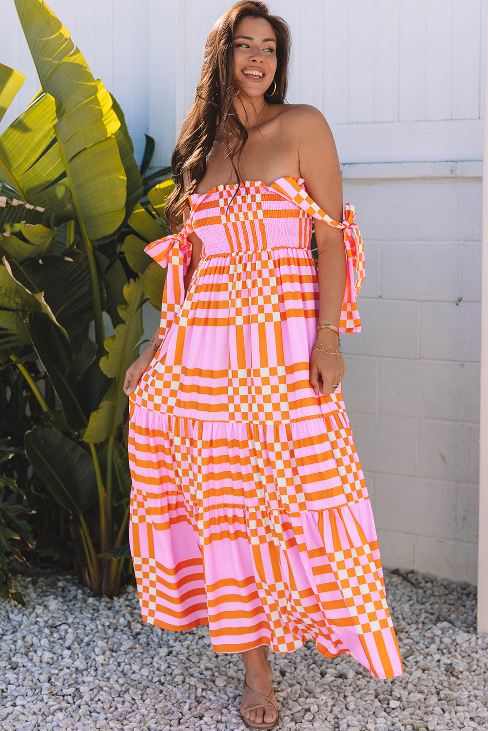Pink Boho Gingham Tied Straps Smocked Maxi Dress - loveforevers