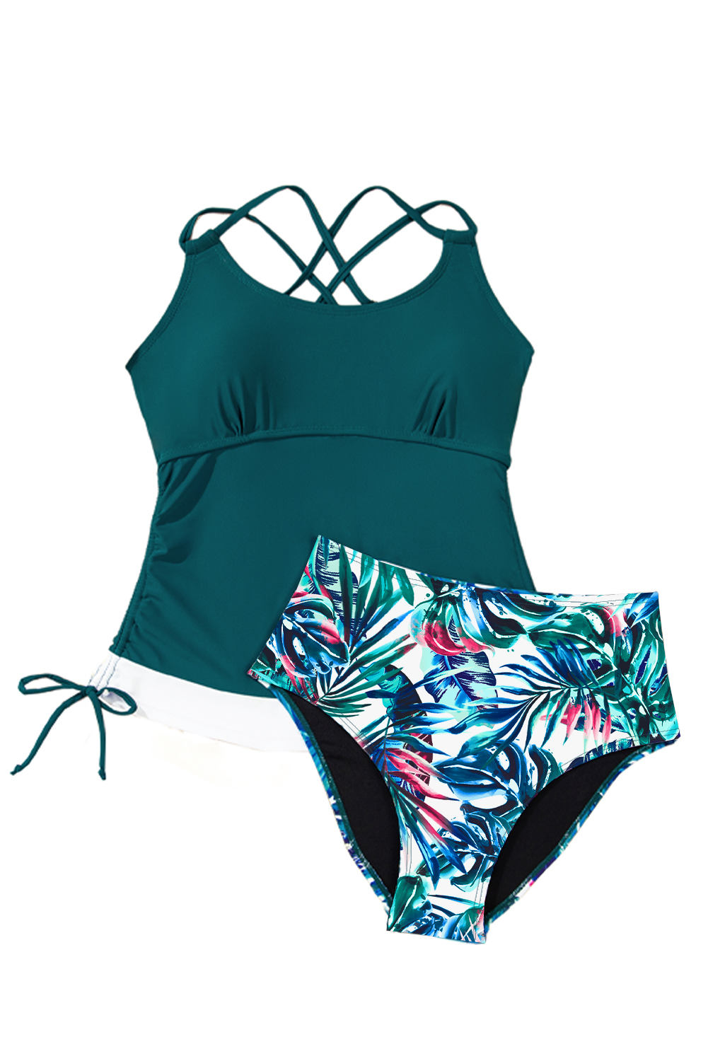 Sea Green Drawstring Tummy Control Mix-and-match 2pcs Tankini Swimsuit - loveforevers