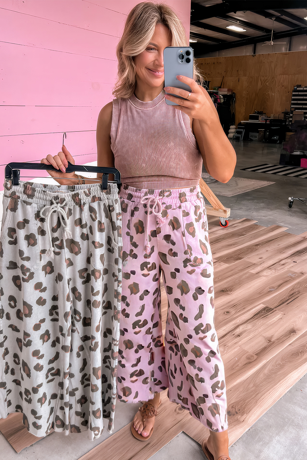 Beige Drawstring Leopard Print Patch Pocket Loose Pants - loveforevers